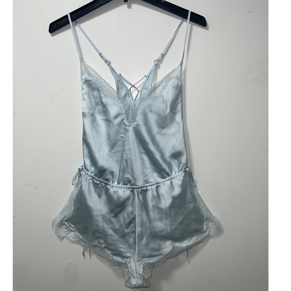 Victorias Secret Light Blue Satin Lace Trim Teddy Romper Lace Up Back Small